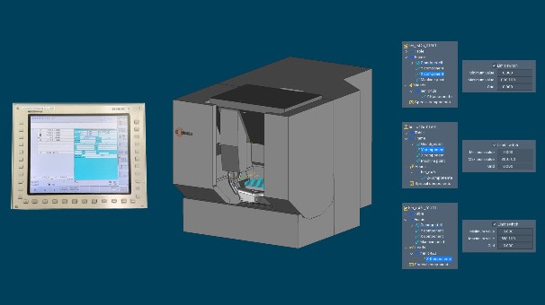 Virtuelle Maschine konfigurieren: Die gesamte Maschinenlogik wird in der virtuellen Maschine hinterlegt. Dazu werden alle an der Maschine erfassten Werte – wie die Lage der Endschalter, Werkzeugwechselpositionen, Referenzpunkte oder Sicherheitspositionen – in die Tebis Maschinenbibliothek übernommen. Gleichzeitig werden die einzelnen Elemente in einer sogenannten „kinematischen Kette“ strukturell miteinander verknüpft. Zusätzlich lässt sich in der Kollisionsmatrix konfigurieren, welche Elemente bei der Kollisionsbetrachtung berücksichtigt werden sollen. Der Tebis Postprozessor ist genau auf diese Konfiguration abgestimmt. Auf Basis der intelligenten Programmierlogik entscheidet die Maschine situativ, wie in kritischen Situationen zugestellt und rückgezogen werden soll. Im Bild: Endschalterlagen in die virtuelle Maschinenbibliothek übertragen