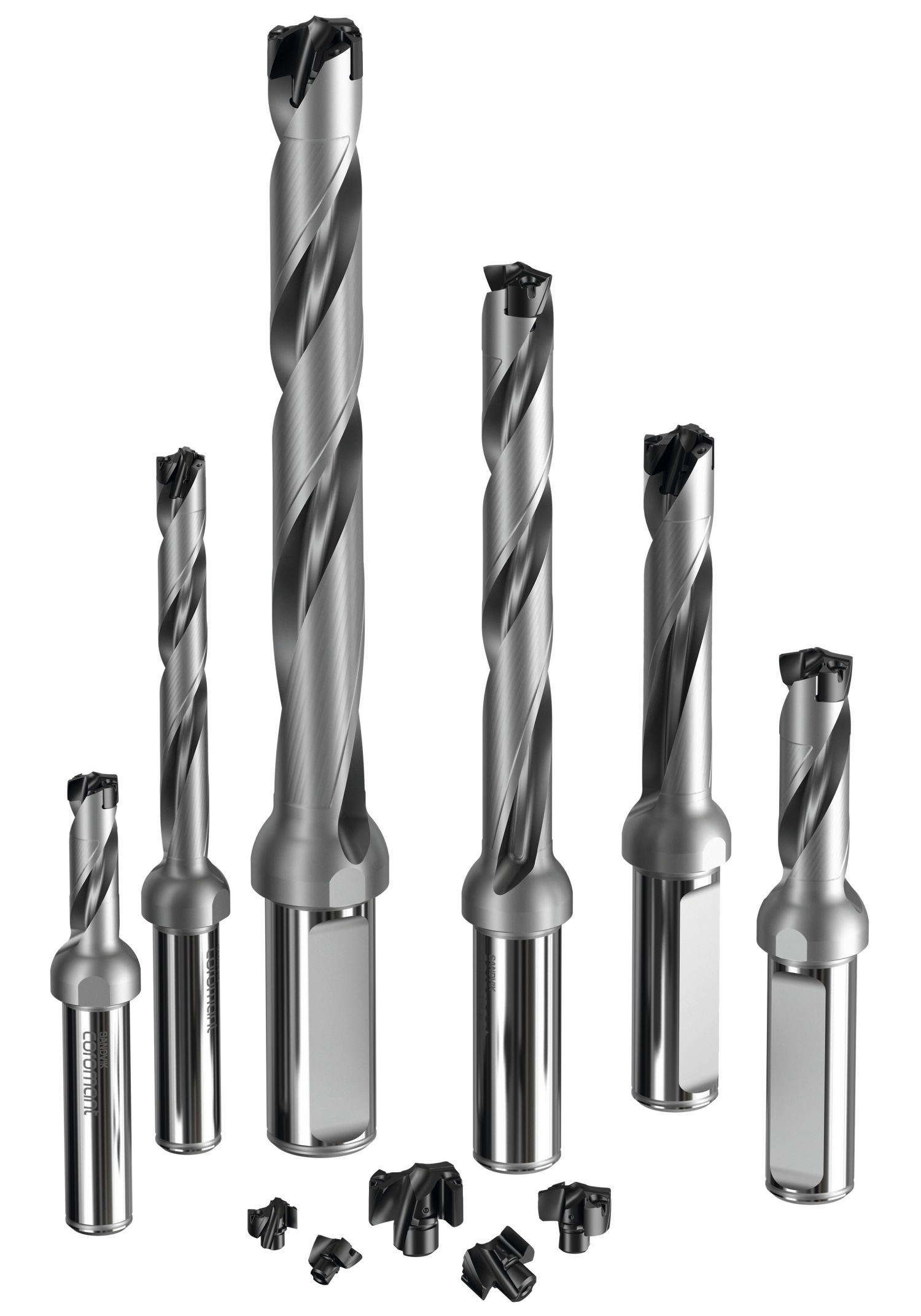 CoroDrill DE10 assortment, drill bodies and tips in different sizes and lengths, exchangeable-tip drill, pre-tension interface, drilling, -M5 geometry