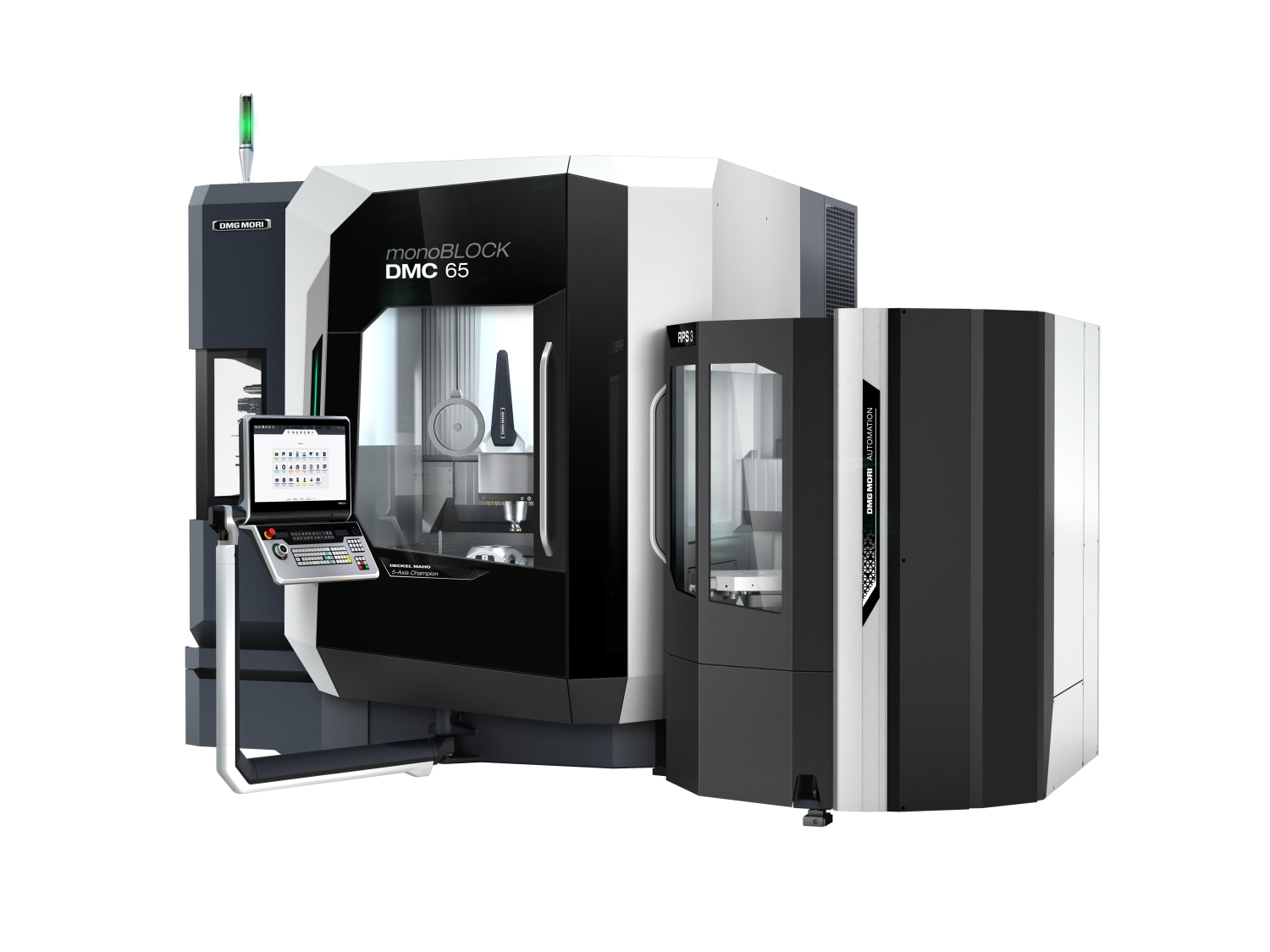 Die Abbildung zeigt eine moderne CNC-Fräsmaschine „monoBLOCK DMC 65“ von DMG MORI mit großem Sichtfenster, Bedienpanel links und angeschlossener Automationszelle rechts. Ein grünes Signalleuchtlicht befindet sich oben.