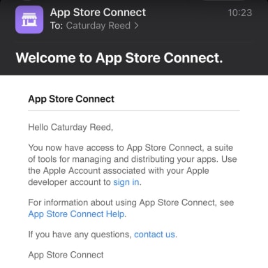 Screenshot of an email from App Store Connect welcoming Caturday