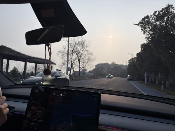 A view from the driver's seat of a car traveling down a road toward a hazy sun, with a navigation screen in the foreground showing a route and a speed of 46 km/h. Other vehicles are visible on the road ahead and in the adjacent lane against a backdrop of trees and a thatched-roof structure.