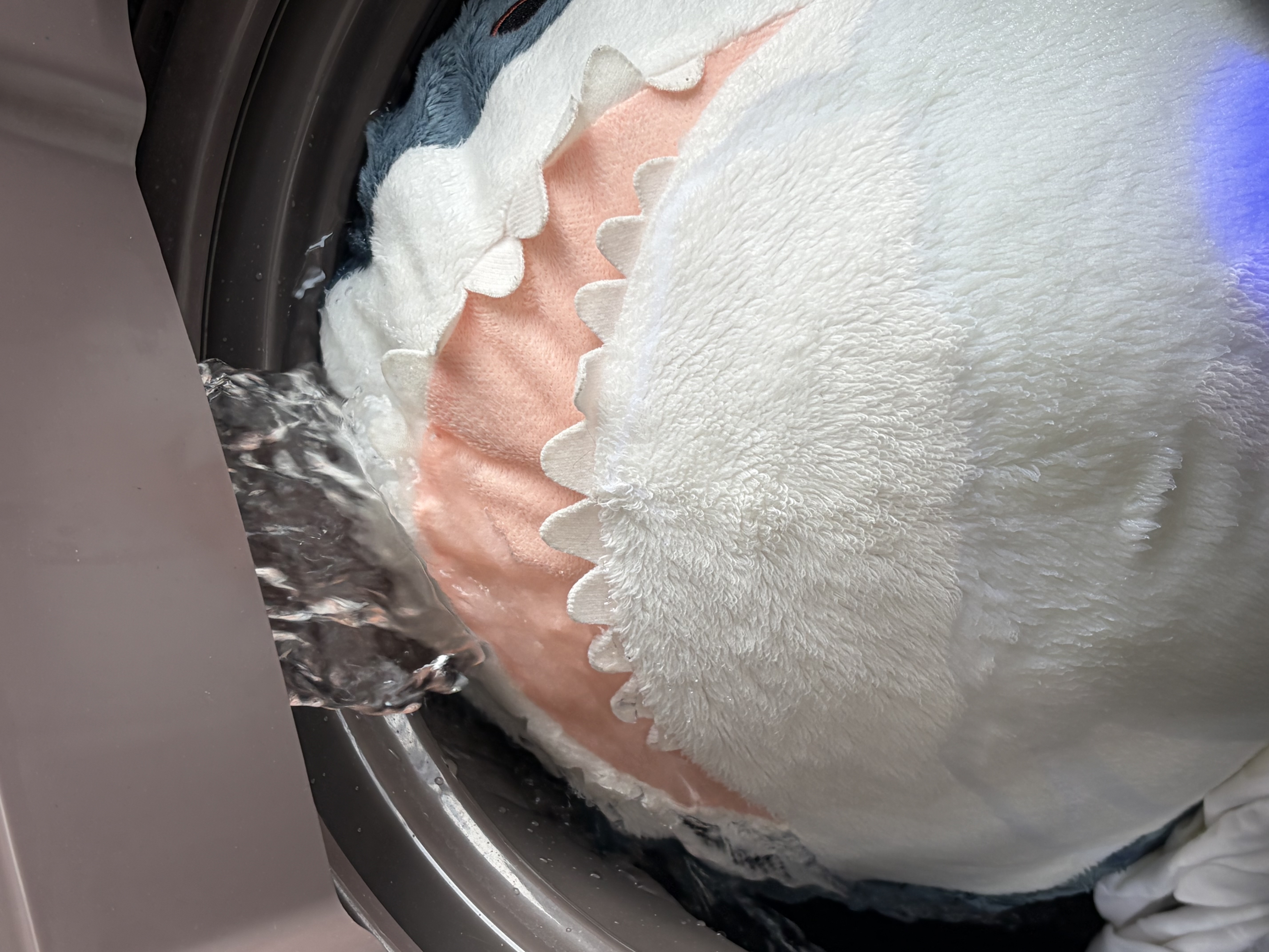 Blahaj being washed in a washing machine, water pulling out from above, hitting his mouth
