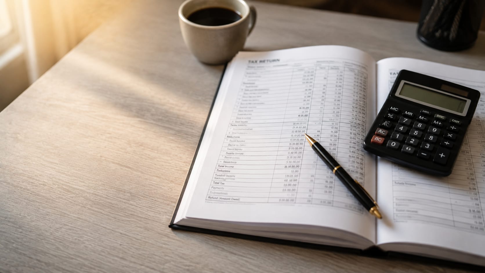 Tax advisory desk with documents and calculator