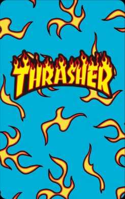 Sticker para tarjeta de Trasher con flamas amarillas en fondo azul