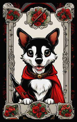 Sticker para tarjeta de Perro vampiro con túnica roja y rosas