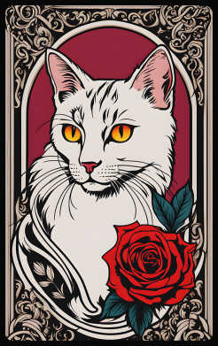 Sticker para tarjeta de Gato blanco con ojos amarillos y una rosa