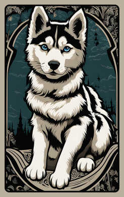 Sticker para tarjeta de Husky Siberiano cachorro en bosque azul