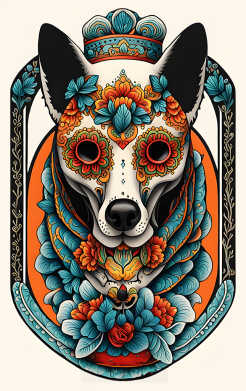 Sticker para tarjeta de Perro calavera de día de muertos con detalles azules