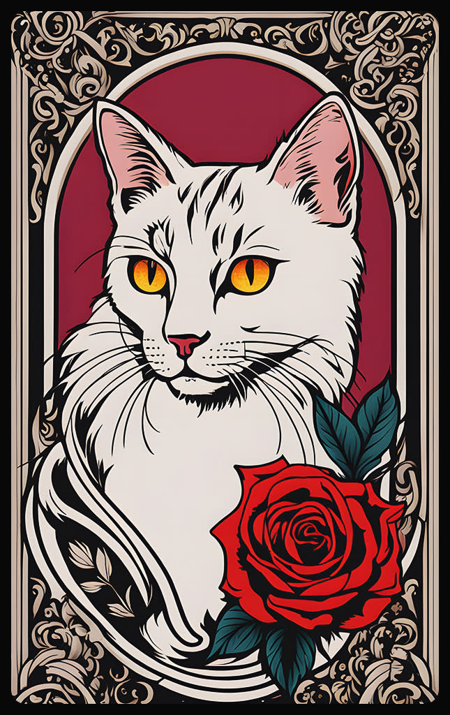 Sticker de Gato blanco con ojos amarillos y una rosa para tarjeta de metro, débito, metrobus, crédito | Sticky Covers