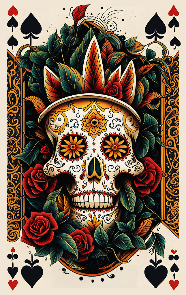 Sticker de Carta de póker de calavera naranja de día de muertos para tarjeta de metro, débito, metrobus, crédito | Sticky Covers