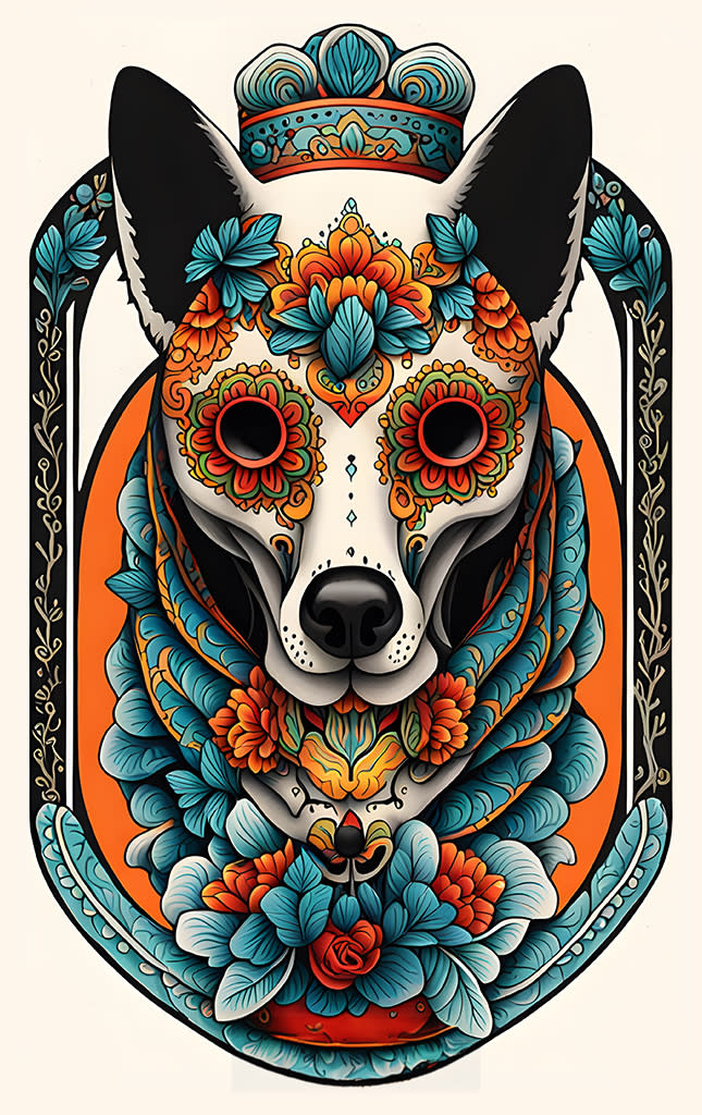Sticker de Perro calavera de día de muertos con detalles azules para tarjeta de metro, débito, metrobus, crédito | Sticky Covers