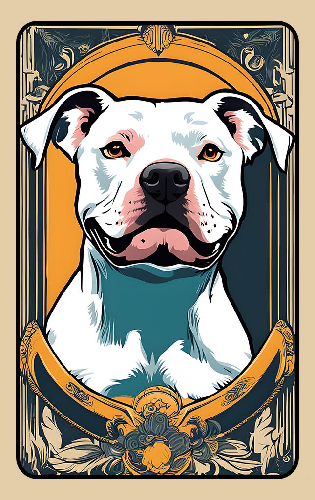 Sticker de Perro Pitbull blanco con manchas rosas y marco para tarjeta de metro, débito, metrobus, crédito | Sticky Covers