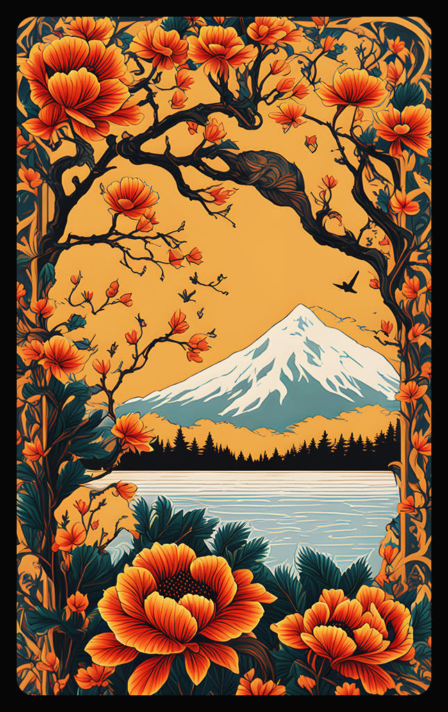 Sticker de Paisaje volcán y lago japonés para tarjeta de metro, débito, metrobus, crédito | Sticky Covers