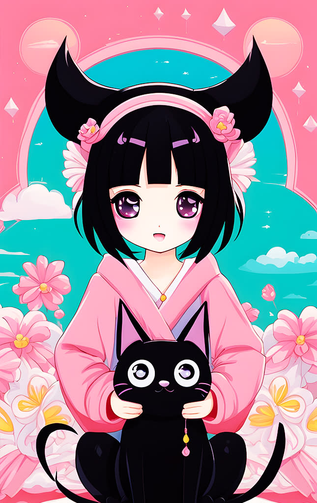 Sticker de Anime de chica con kimono rosa y gato negro para tarjeta de metro, débito, metrobus, crédito | Sticky Covers