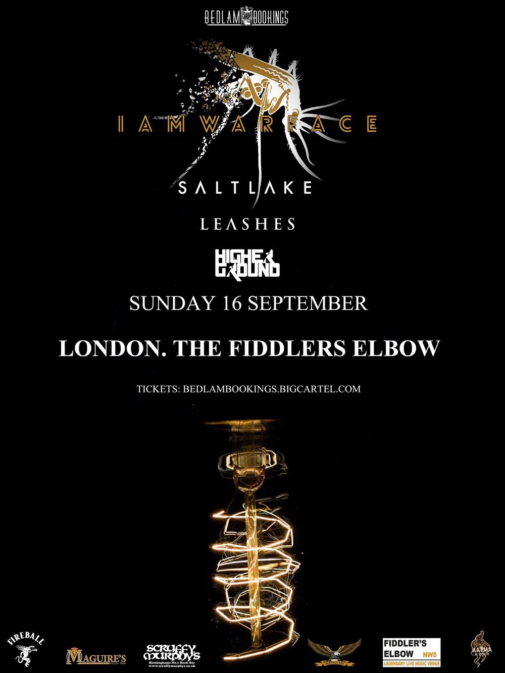 
                Bedlam Bookings Presents - Iamwarface + Saltlake + Leashes + Higher Ground at The Fiddler's Elbow promotional image