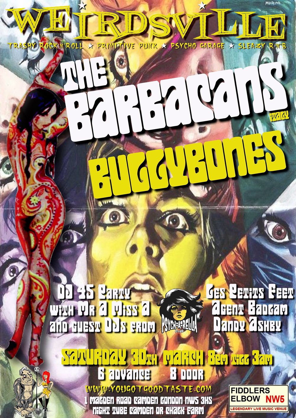 
                Weirdsville-The Barbacans, Bully Bones, guest DJs Psycharella at The Fiddler's Elbow promotional image