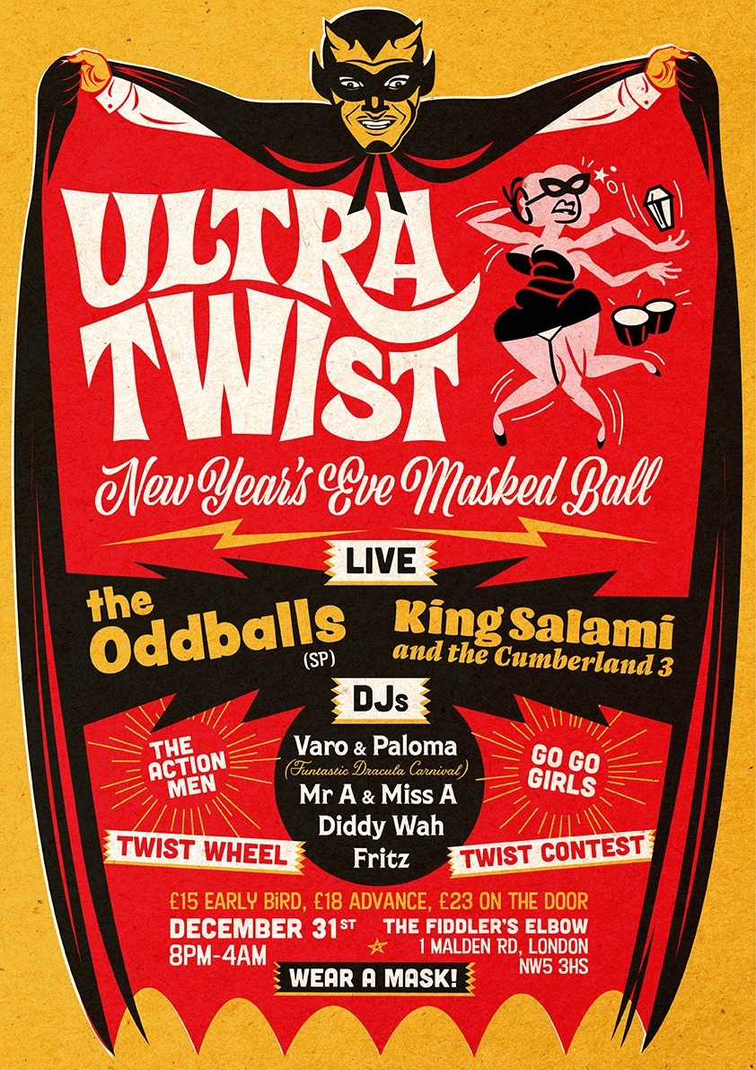 
                UlTrA tWiSt NYE Masked Ball, The Oddballs, King Salami, and more at The Fiddler's Elbow promotional image