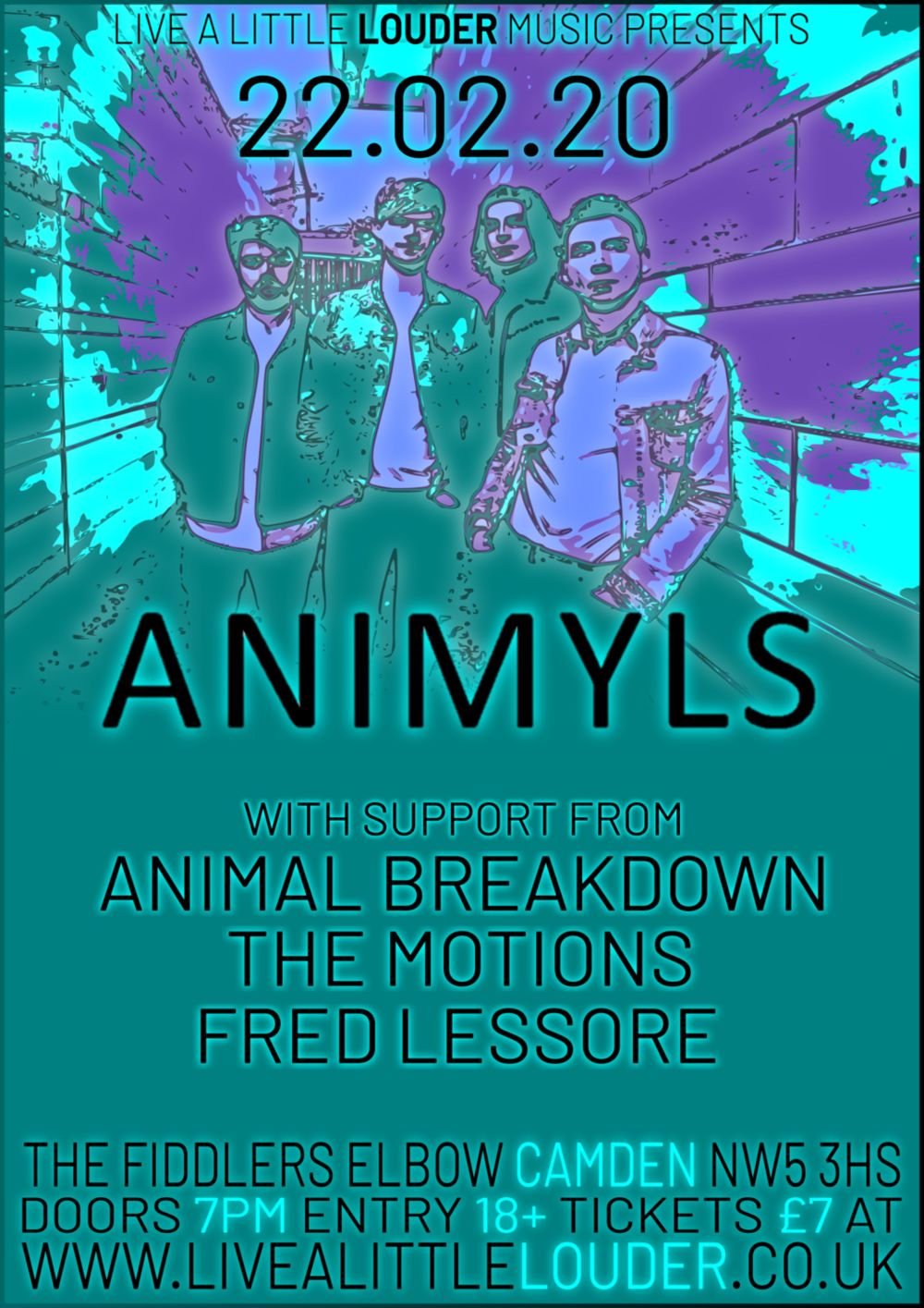 
                Live A Little Louder Music present...  Animyls - Animal Breakdown - The Motions - Fred Lessore at The Fiddler's Elbow promotional image