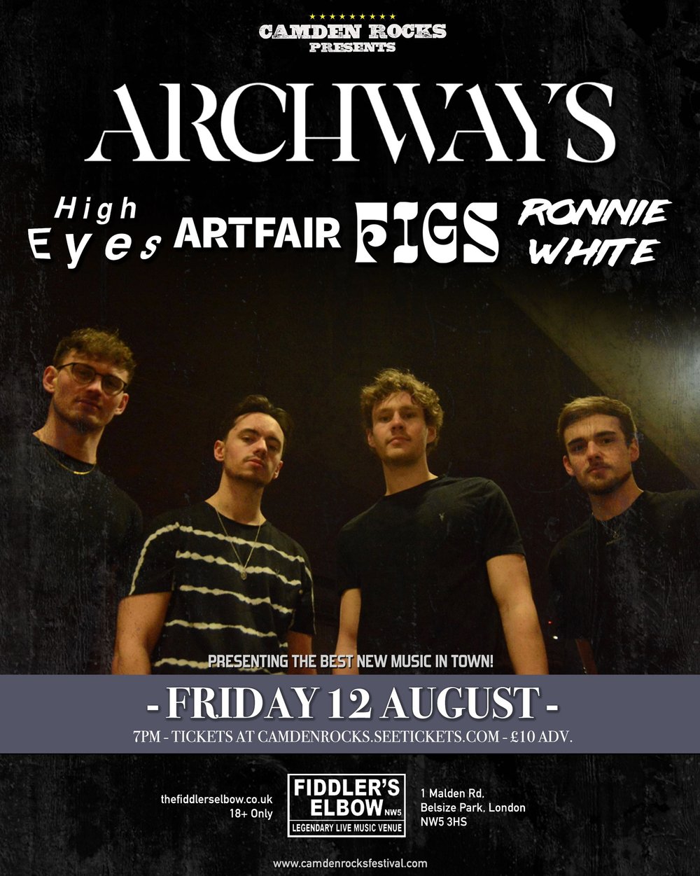 
                Camden Rocks proudly presents alt-rock Archways plus High Eyes, Artfair, FIGS and Ronnie White at The Fiddler's Elbow promotional image