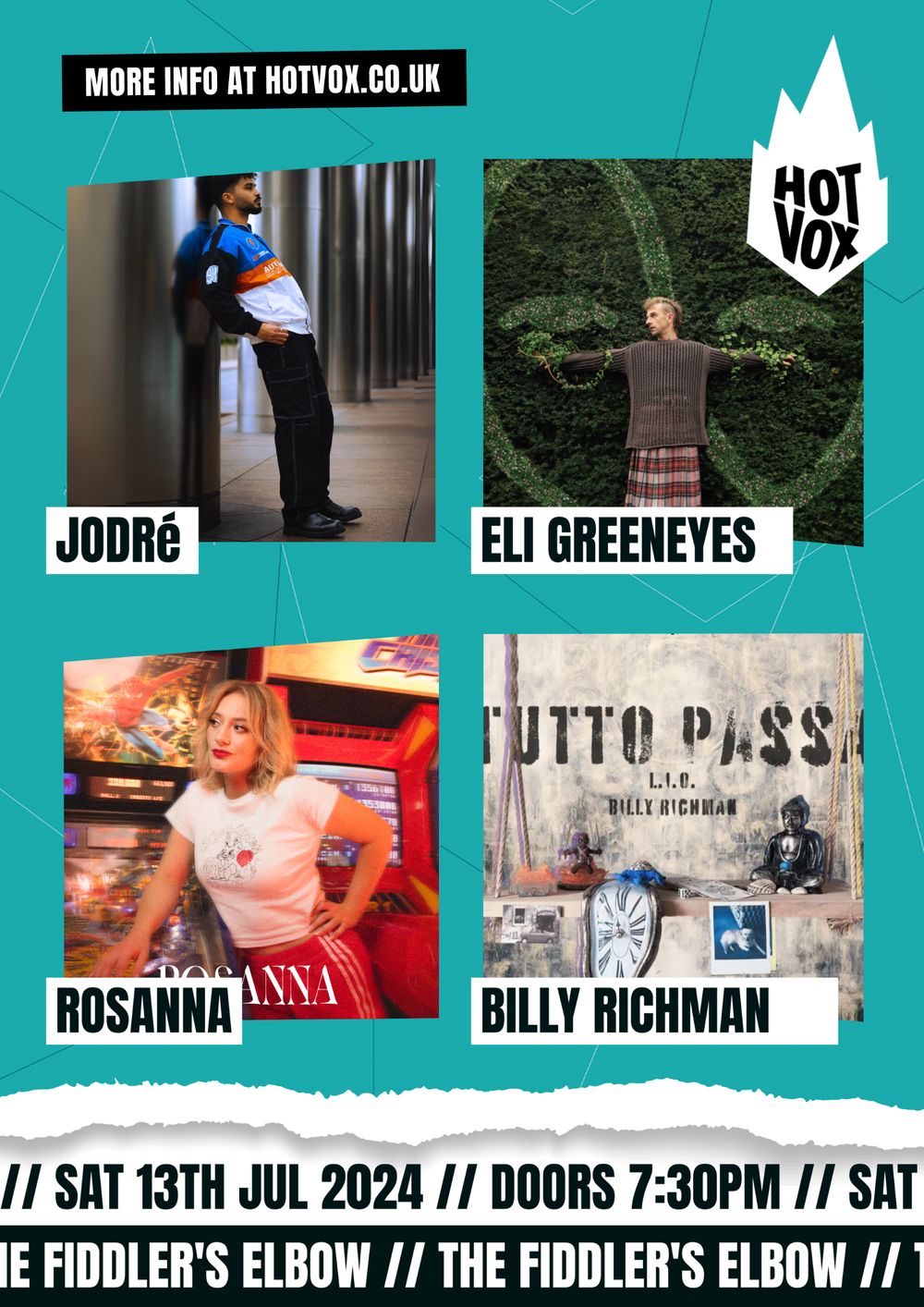 
                HOT VOX Presents:  Jodré // Eli Greeneyes // ROSANNA // Billy Richman at The Fiddler's Elbow promotional image