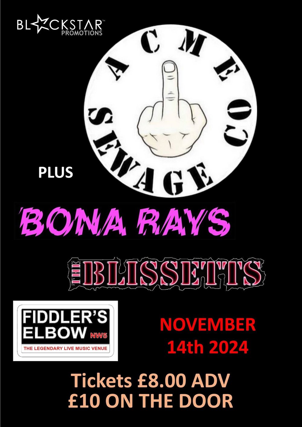 
                Acme Sewage Co  + BONA RAYS + THE BLISSETTS at The Fiddler's Elbow promotional image