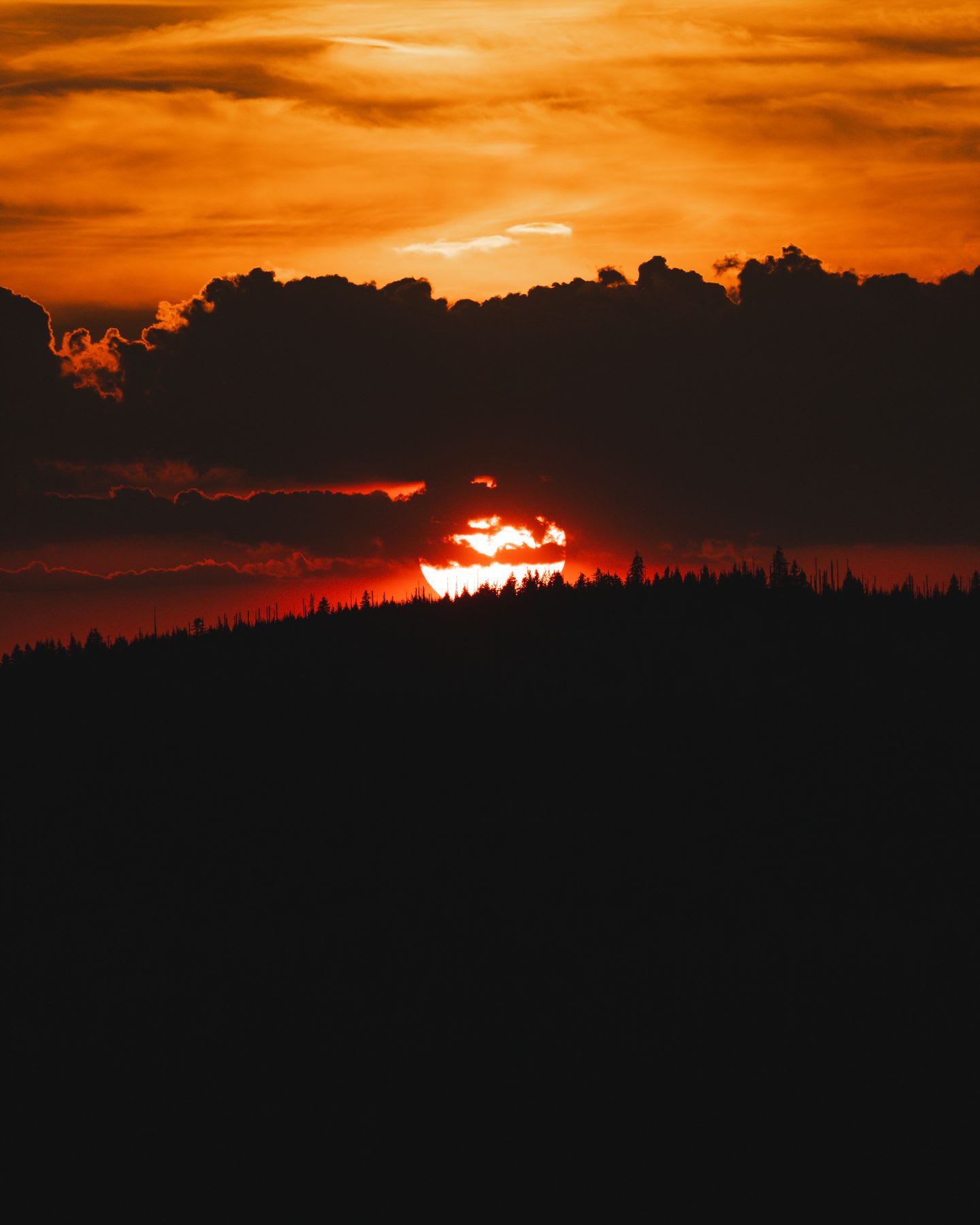 The fiery orange sun dips below the horizon, partially obscured by a thick layer of dark clouds above a silhouetted forest.