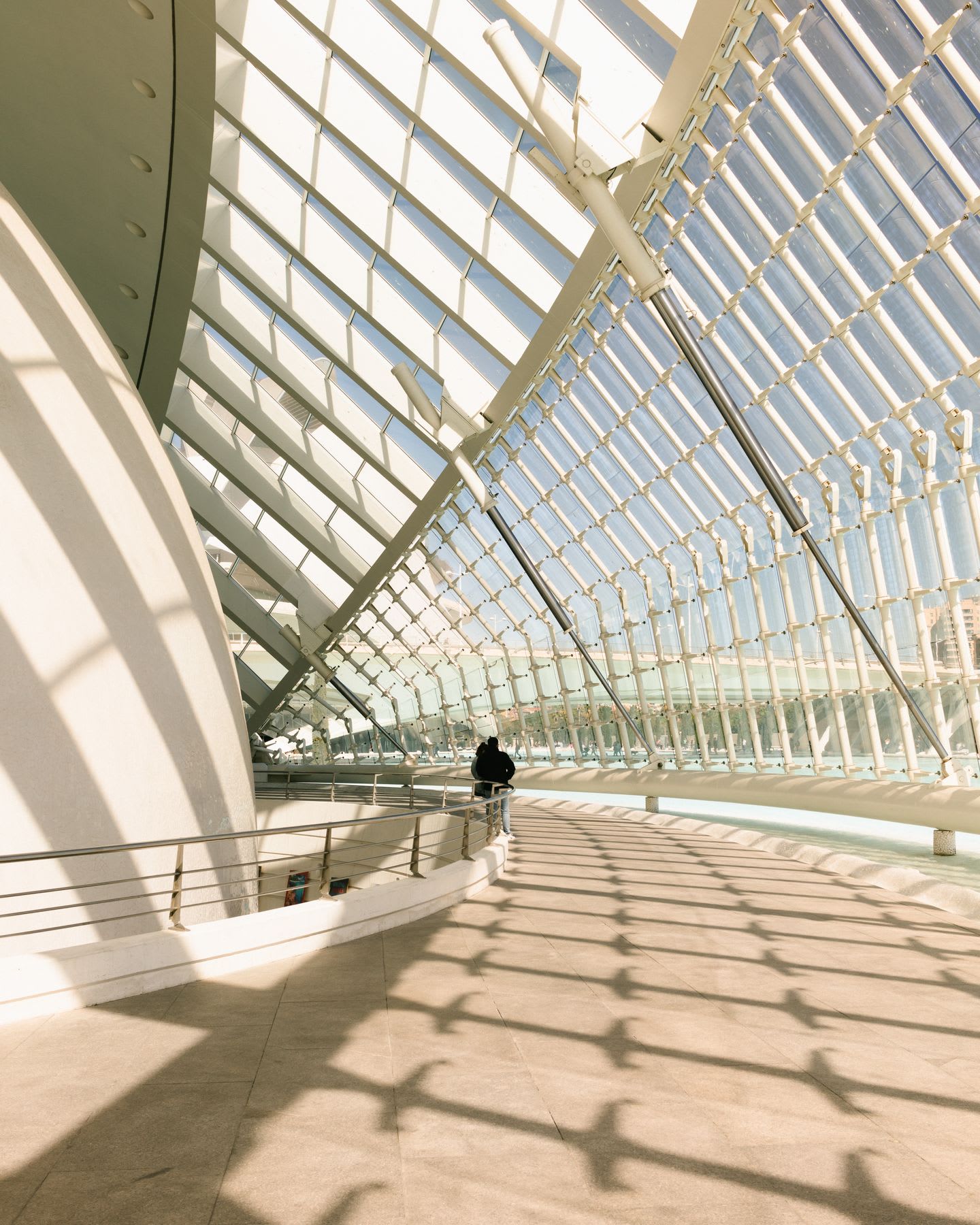 Two people standing on a large path inside a curved, domed glass building.