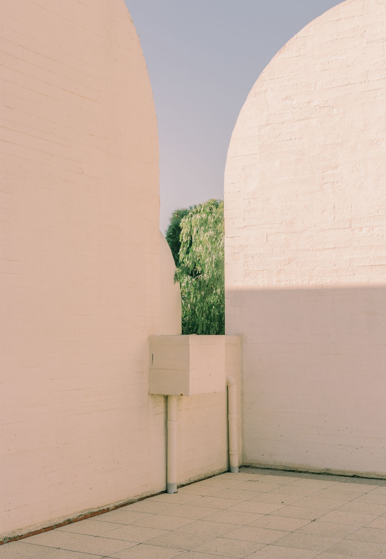 A white wall with an opening that reveals part of a green tree.