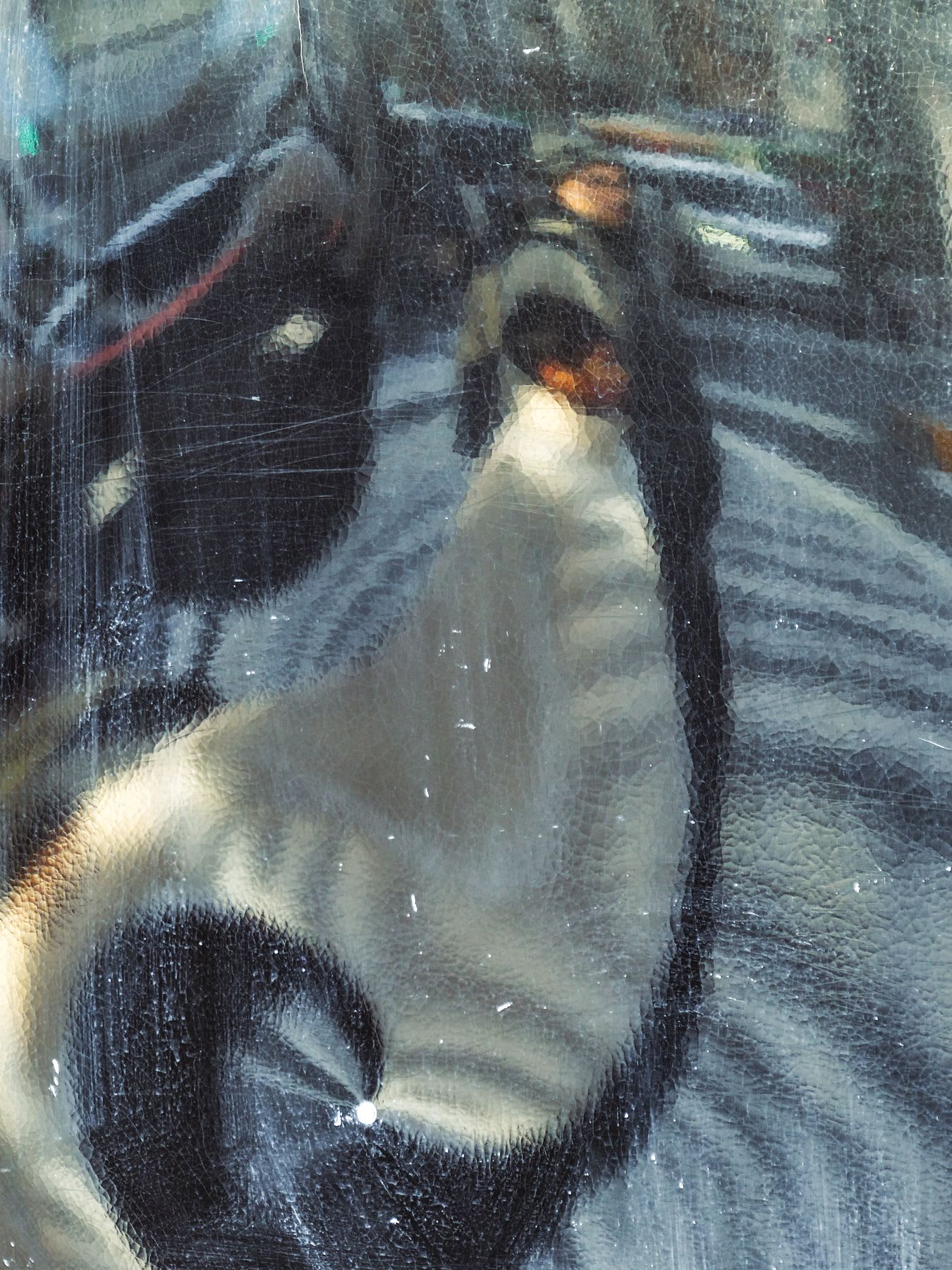 A detailed close-up of a cracked and aged painting reveals an abstract scene with muted colors and textured brushstrokes.