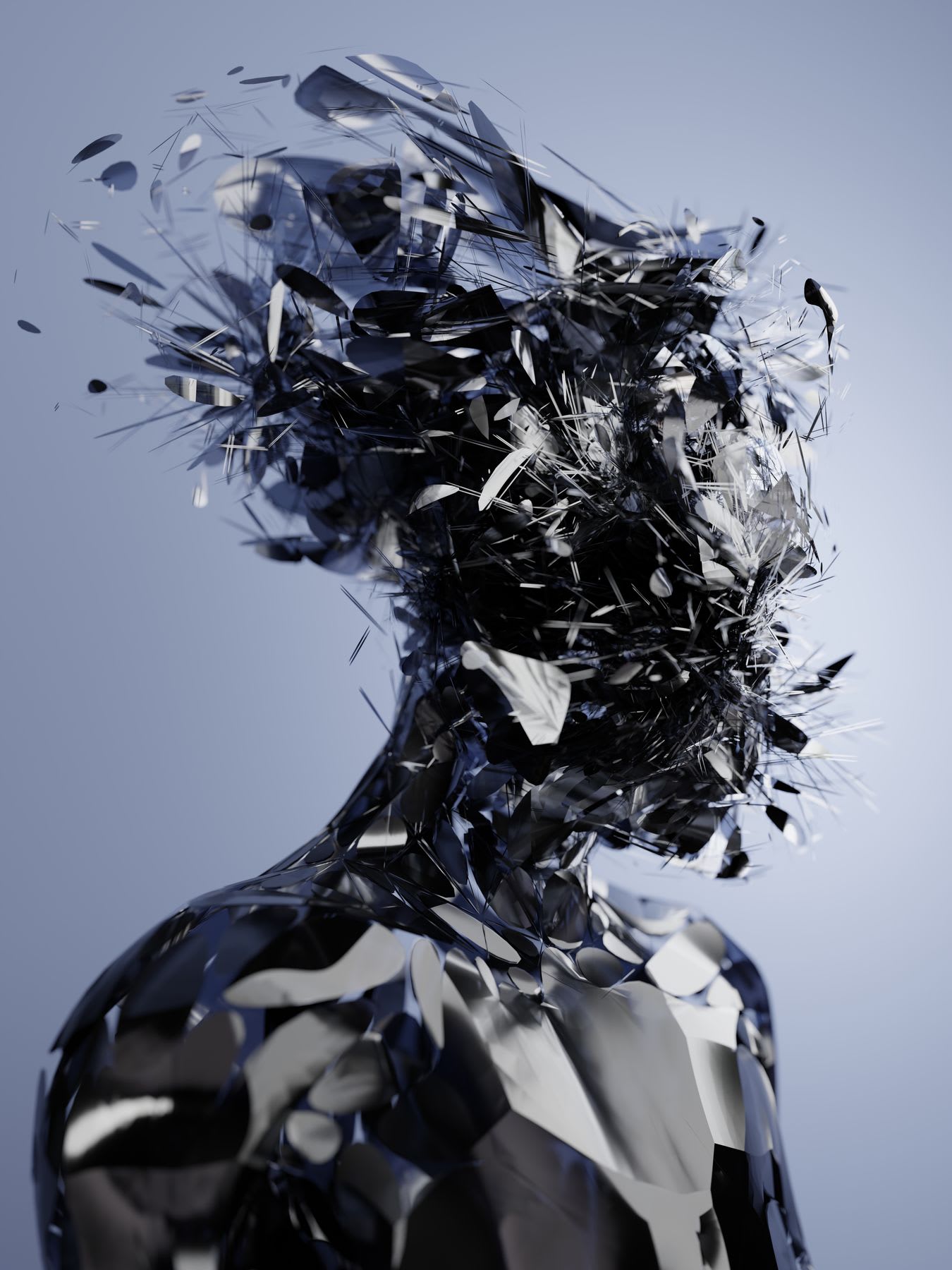 An abstract humanoid figure made of dark metallic fragments disintegrates and shatters against a plain background.