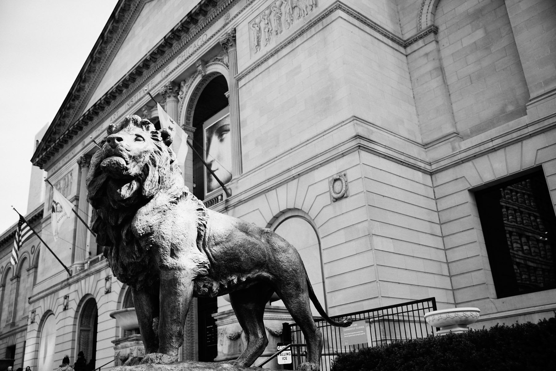 Lion statue stands in front of The Art Institute of Chicago.