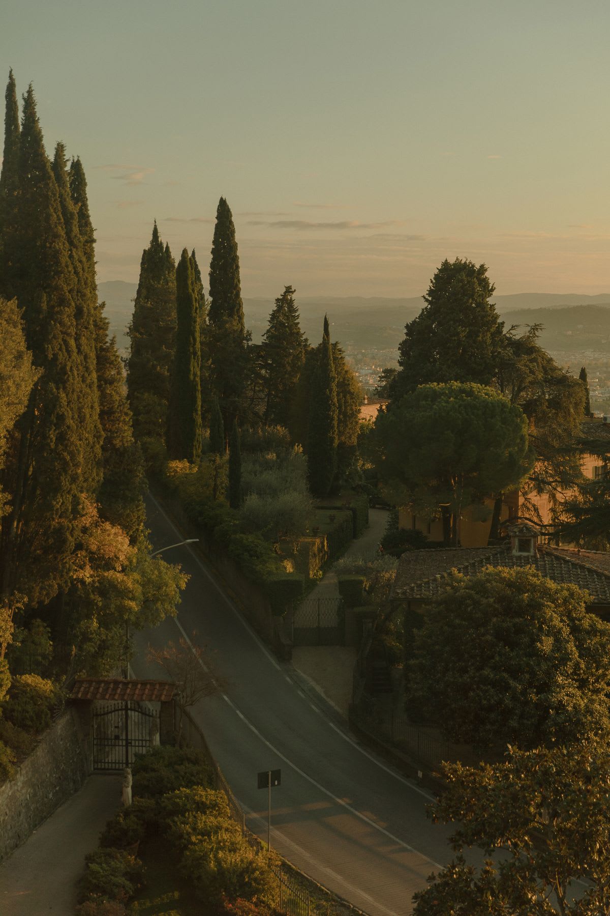 A house with a gated driveway is located on a street lined with numerous trees and tall shrubs.