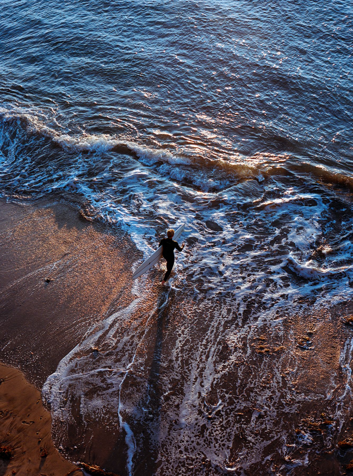 A surfer carrying his board walking into the waves