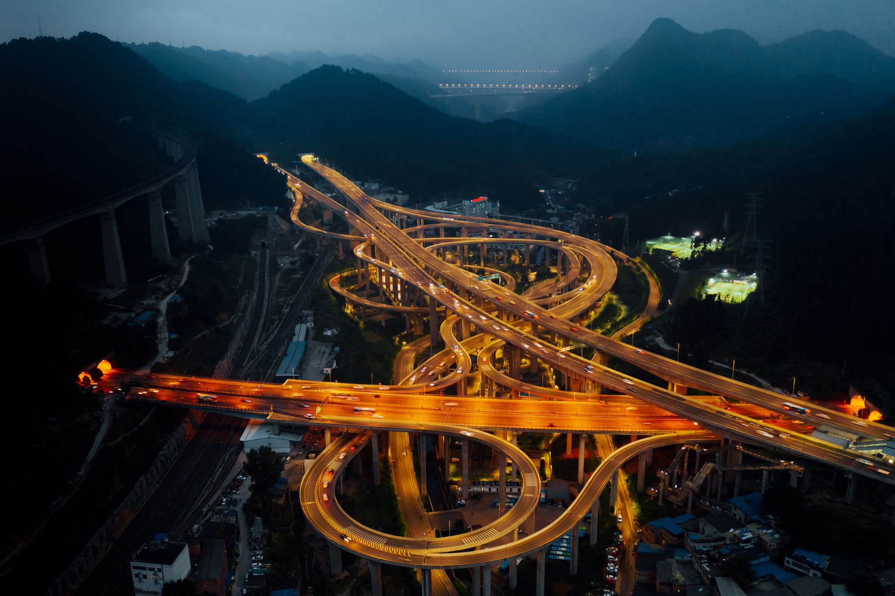 An aerial view of a large freeway interchange