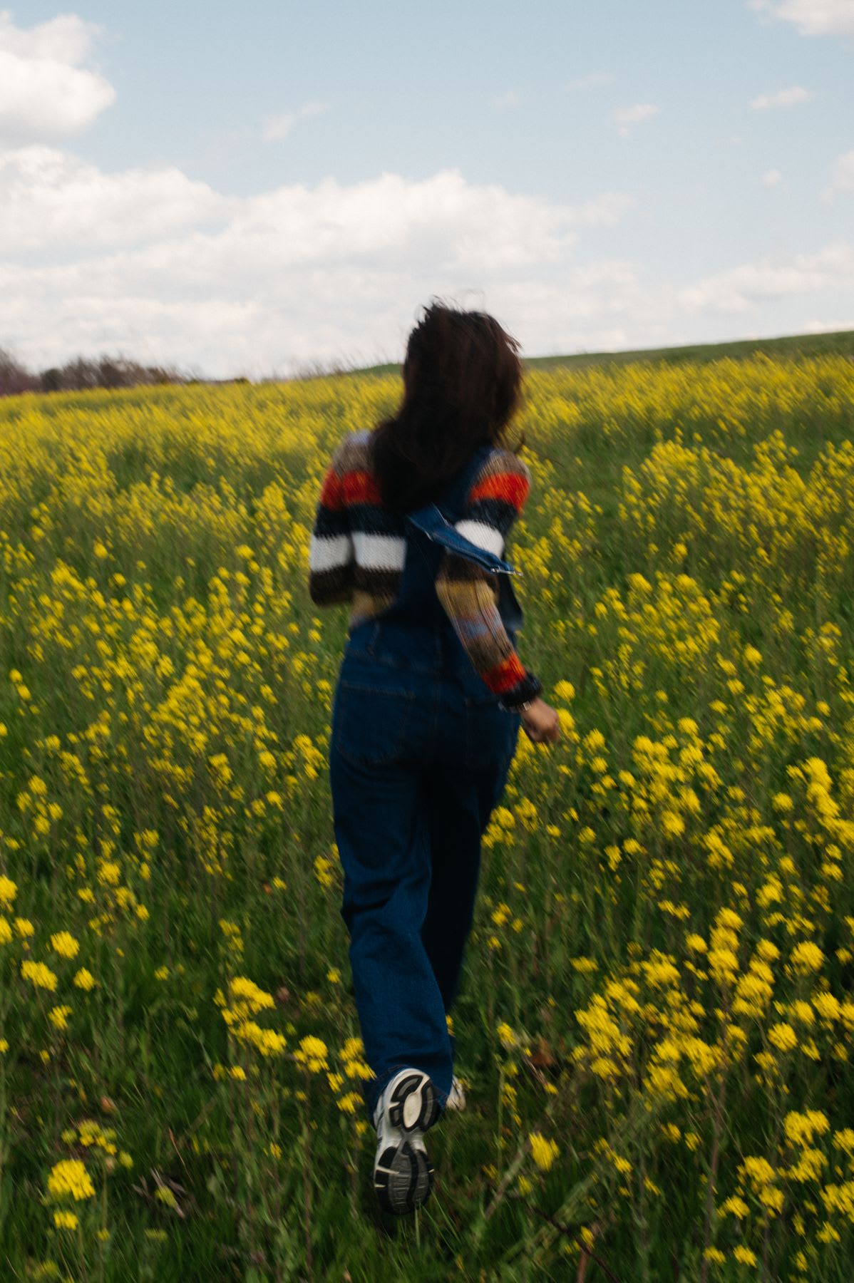 A person walking through a field of yellow flowers, wearing denim overalls and a colorful sweater.