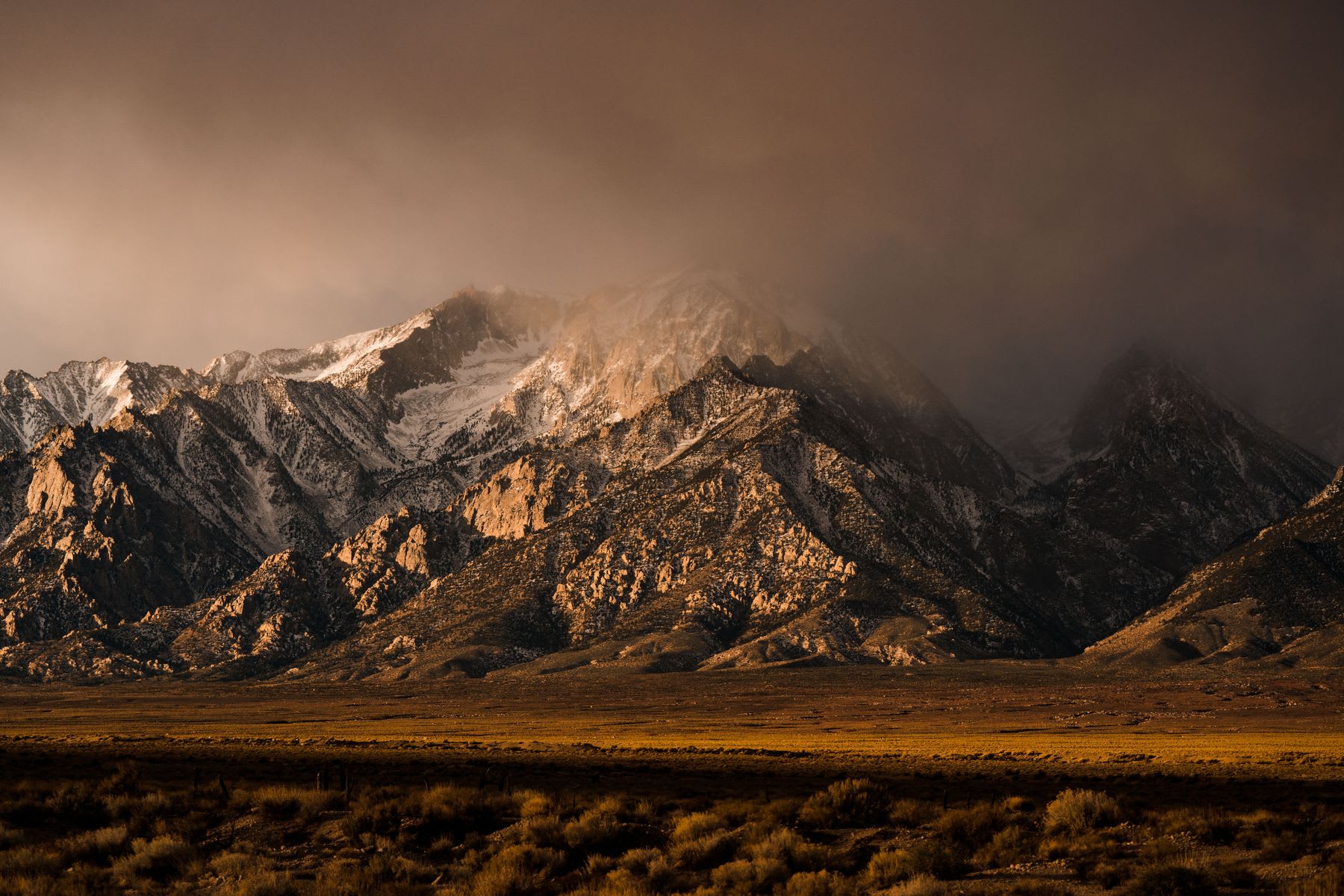 A dense layer of clouds engulf the top of a range of rocky mountains surrounded by grassy plains at their base.