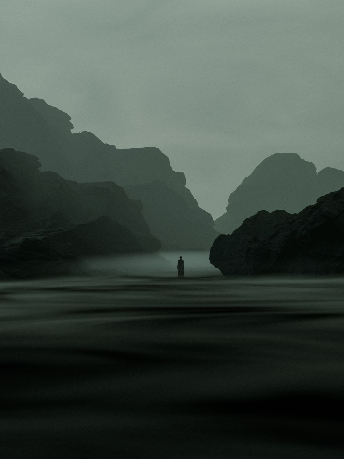 A lone silhouette stands in the misty waters of a dark canyon surrounded by towering cliffs.