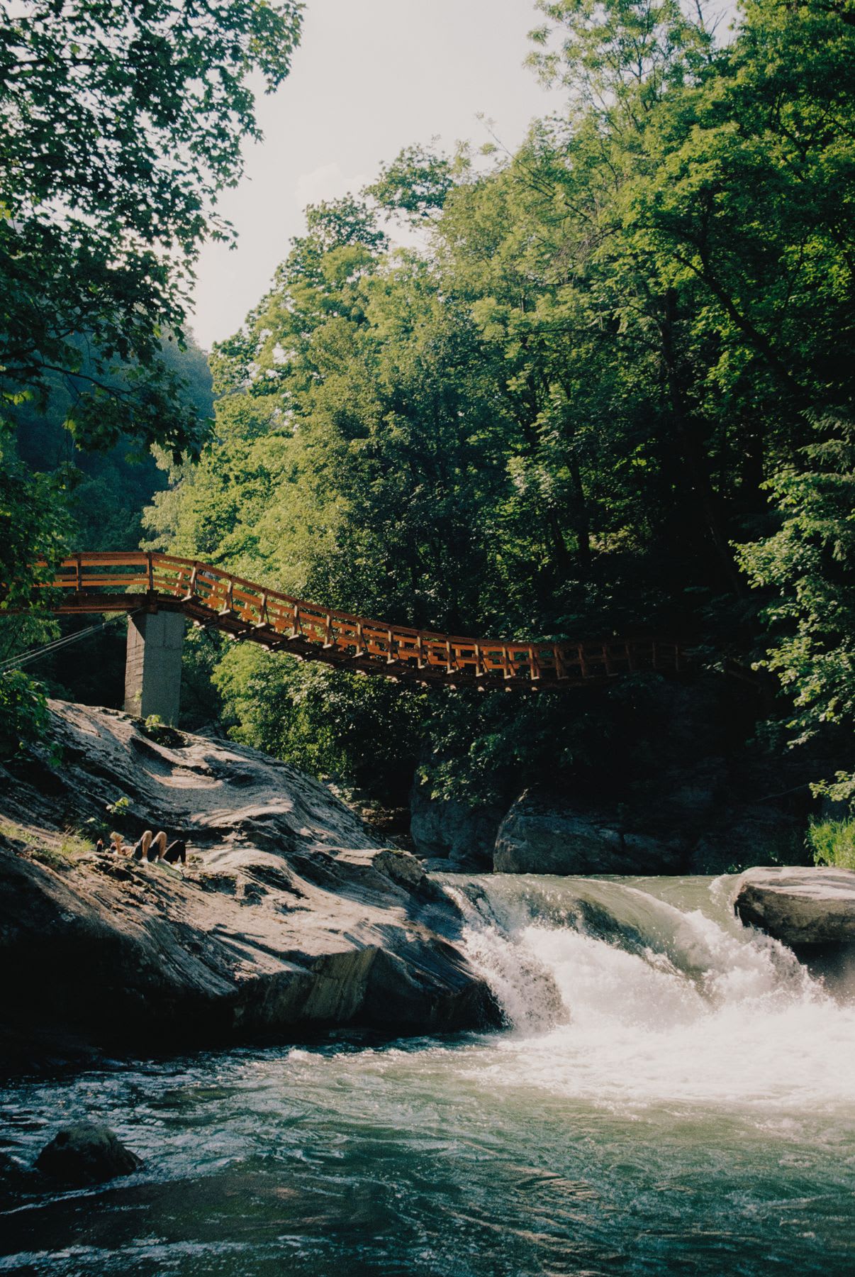 A wooden footbridge arches over a rushing mountain river and waterfall, surrounded by the lush green trees of a sunlit forest.