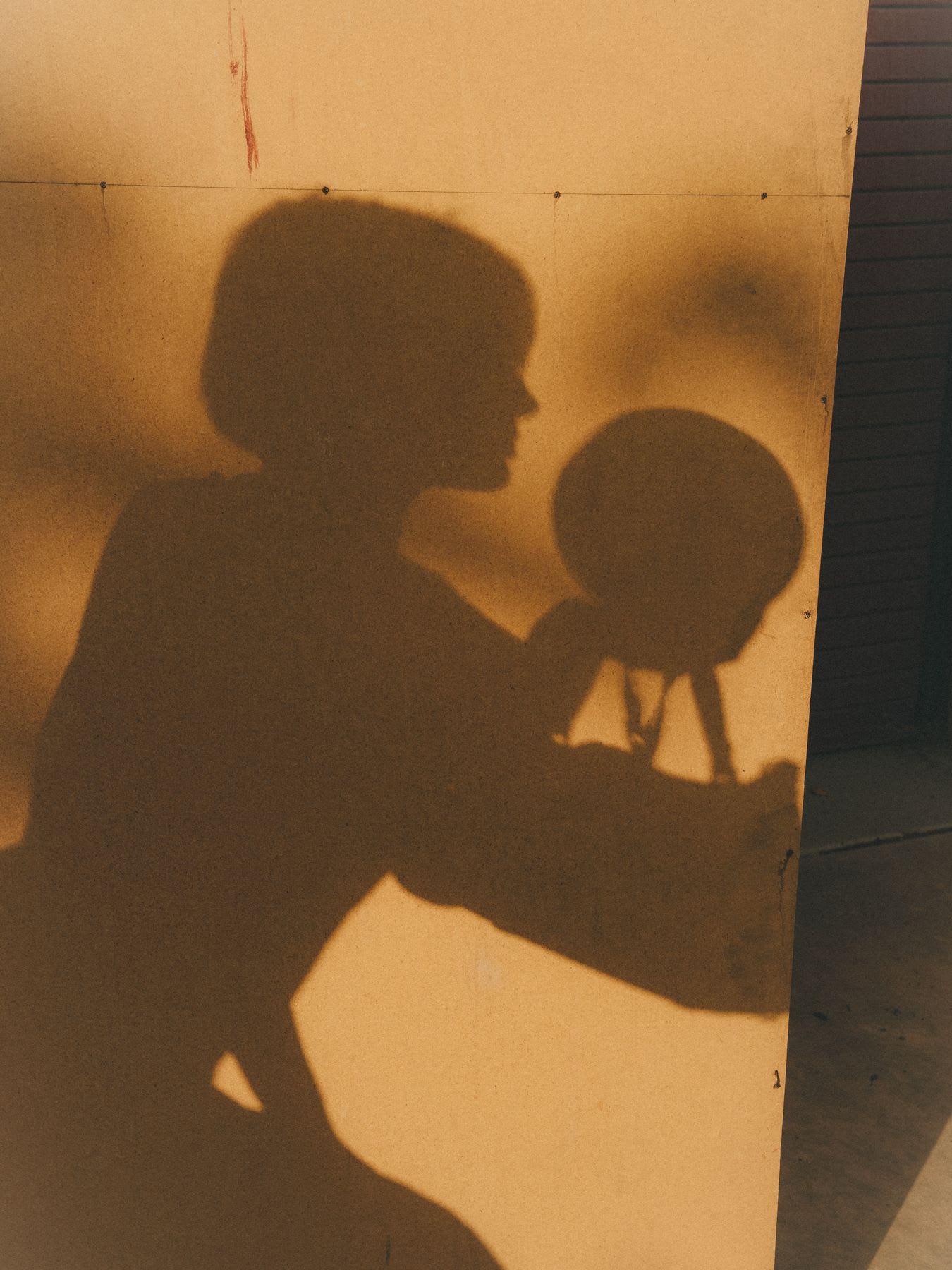 The shadow of a person with short hair holding a balloon is cast on a warm-toned, sunlit wall.