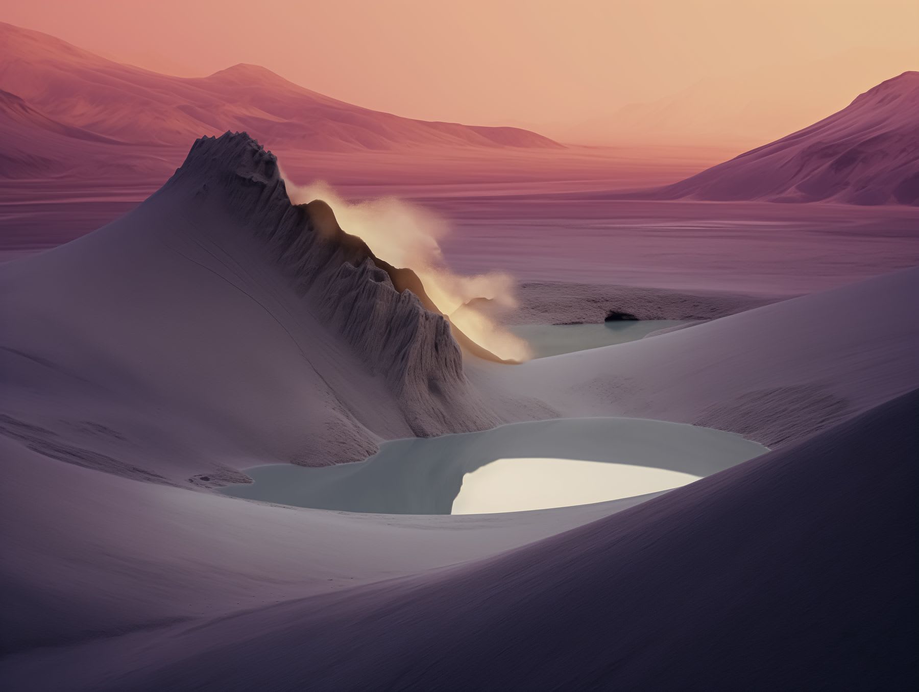 Hot springs in a frozen, snowy valley with the sun rising from behind the mountain ranges, creating an orange glow.