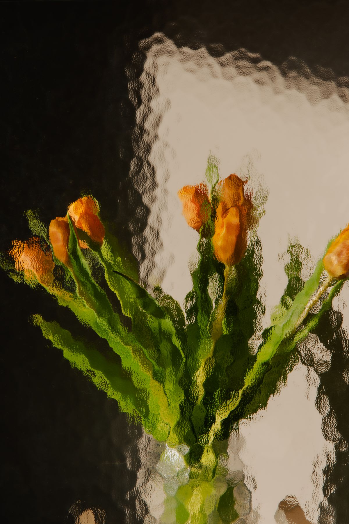 A bouquet of orange tulips seen through textured glass.