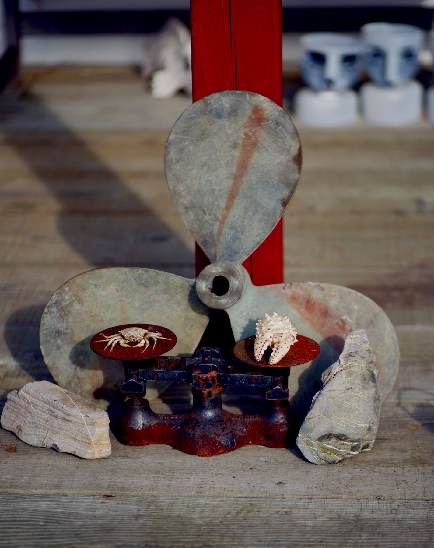 An old metal propeller stands behind a rusty balance scale with a crab shell and a conch shell on its pans. Nearby are two stones arranged around the scene on a wooden surface.