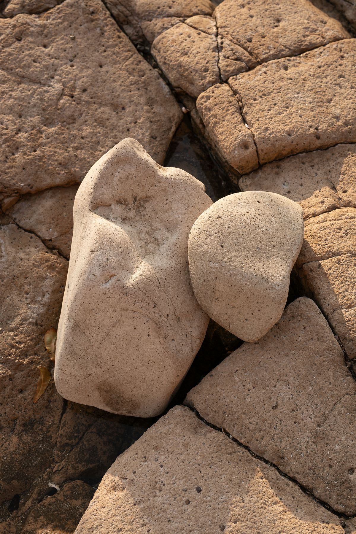 Two smooth rocks are arranged on top of larger, flat rocks.