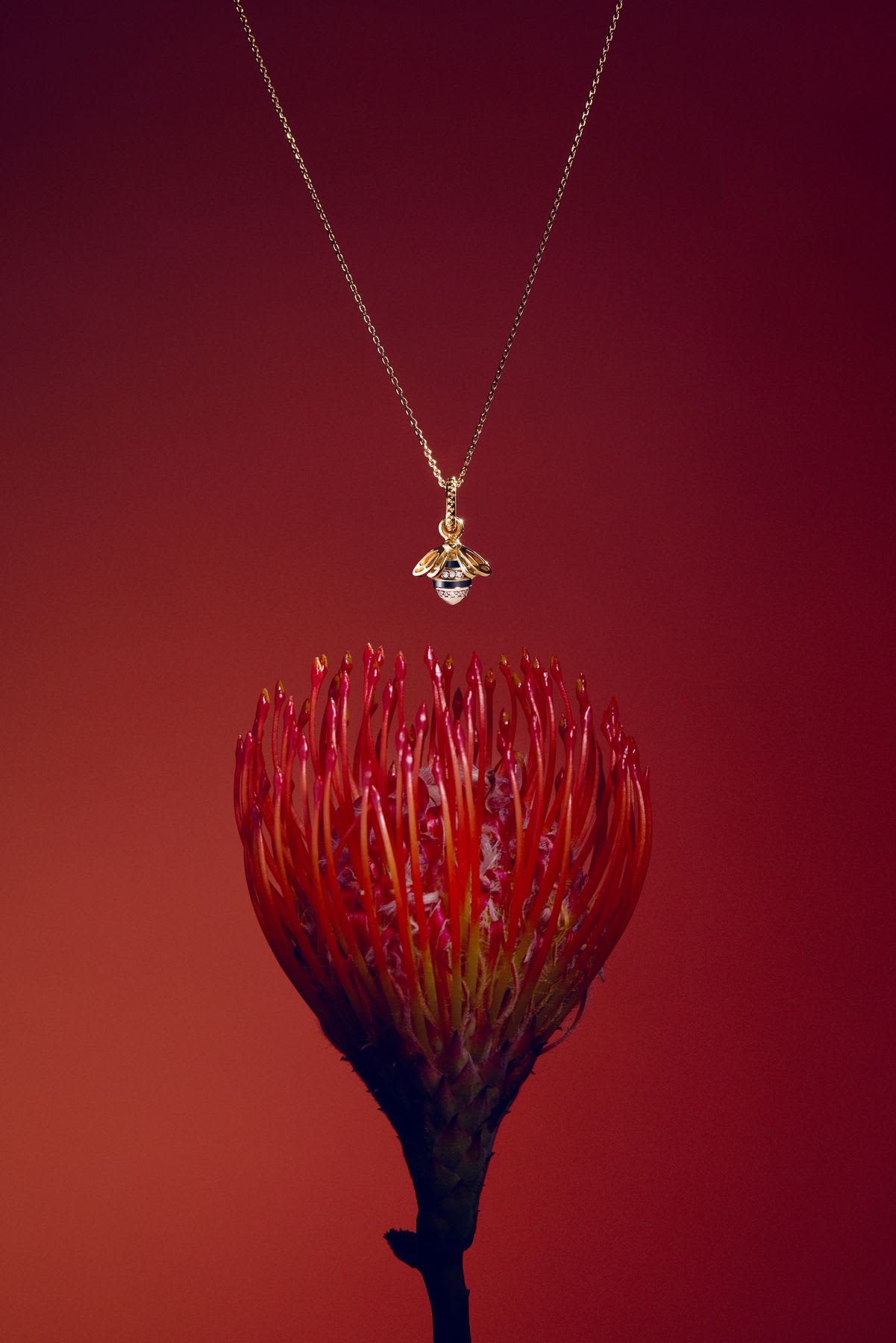 A gold honeybee necklace pendant hanging over a red pincushion flower