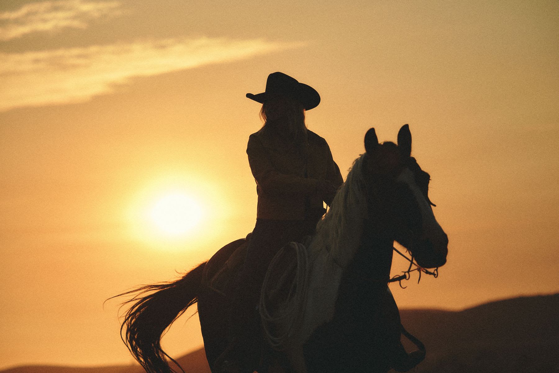 A lone rider wearing a cowboy hat sits atop their horse, silhouetted against the warm golden glow of the setting sun.