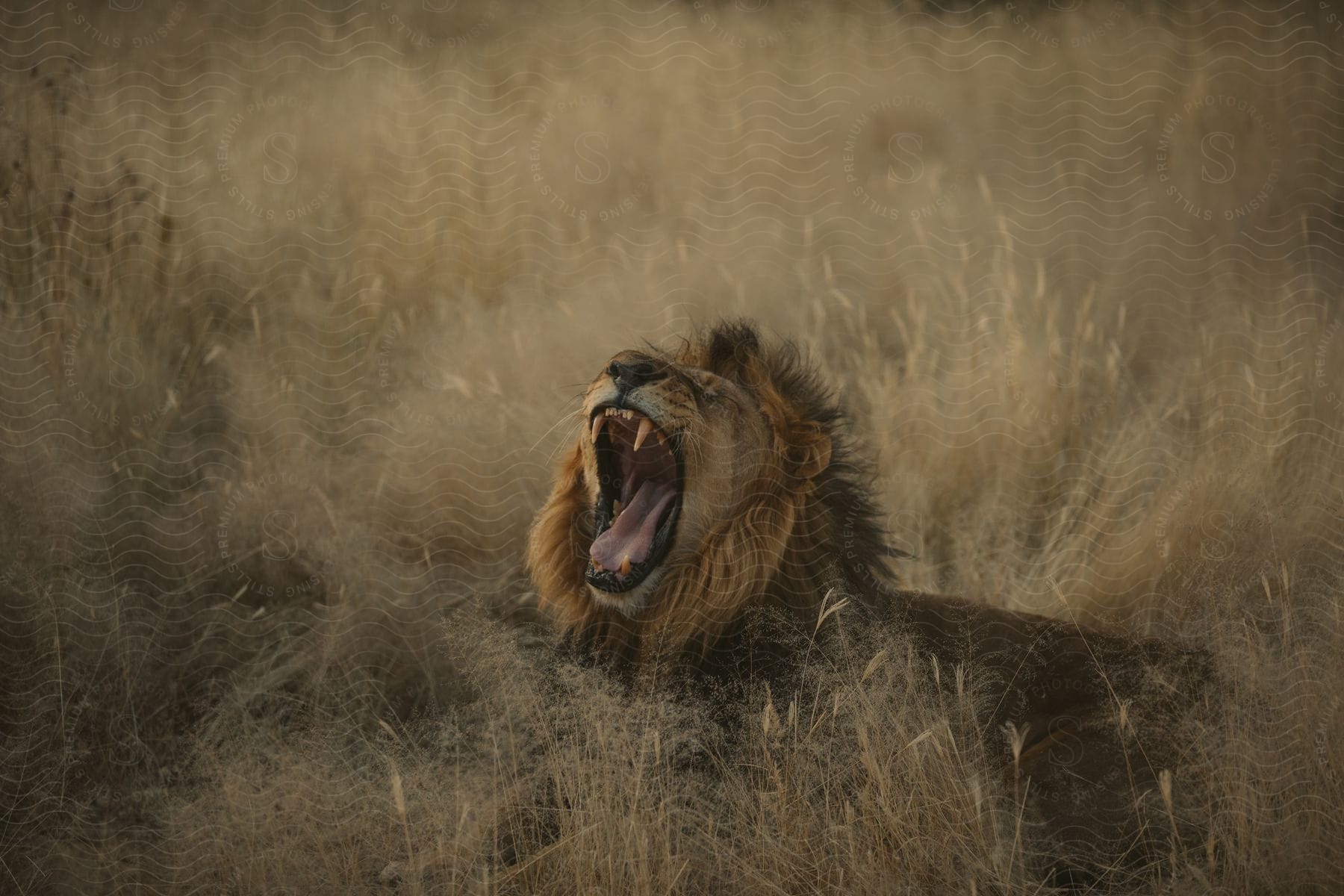 Stock photo of a lion roars while lying down in a tall, grassy field.