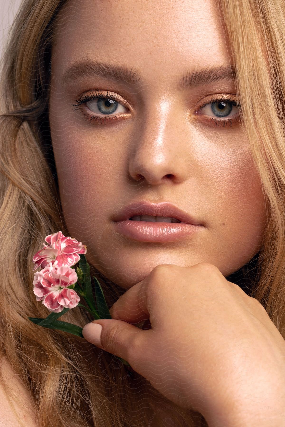 Close up of blonde woman’s face holding a clove pink