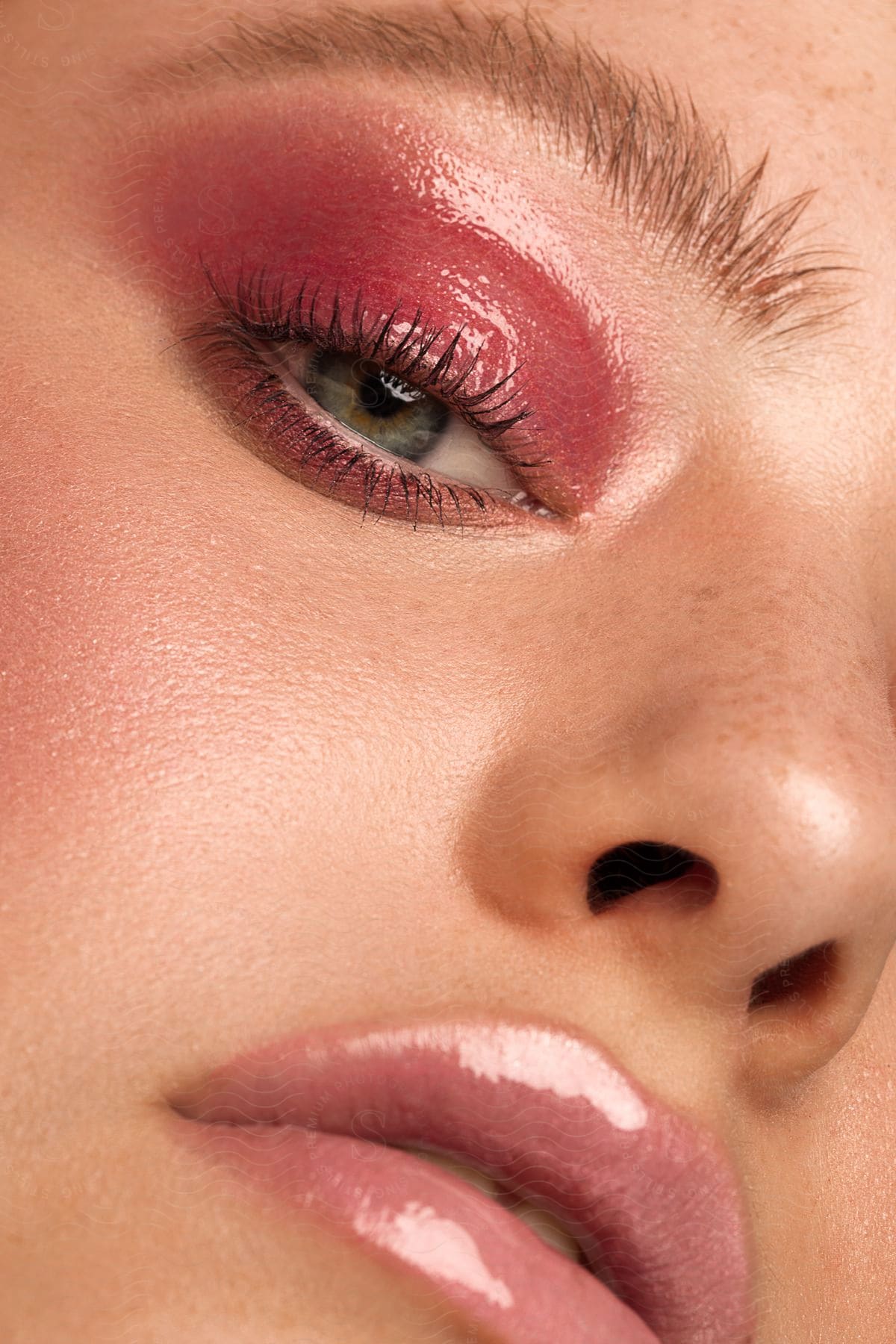 Woman with pink eyeshadow, glossy lips, and hazel eyes.