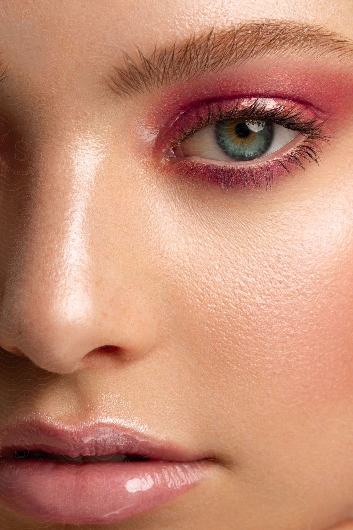 detail of a white female face wearing pink make up indoors