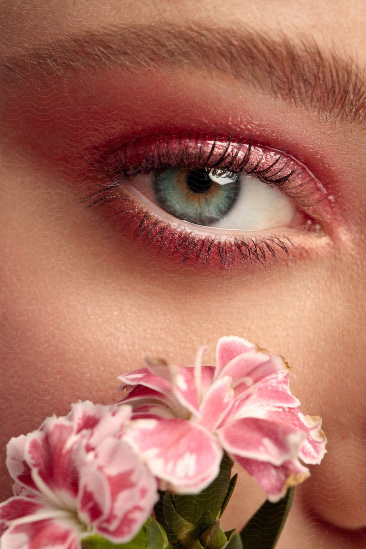 Close up view of pink flowers near a woman's face below her eye